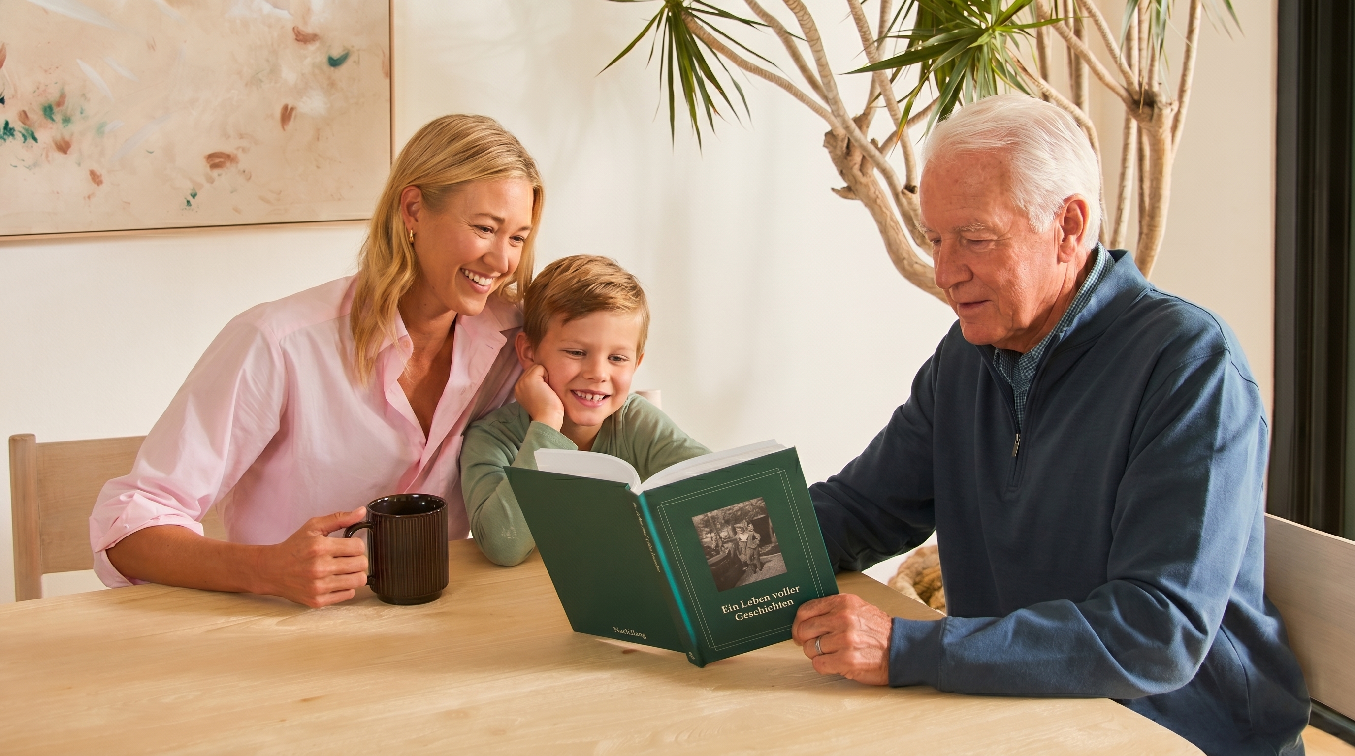 Familie liest gemeinsam in einem Nachklang-Buch