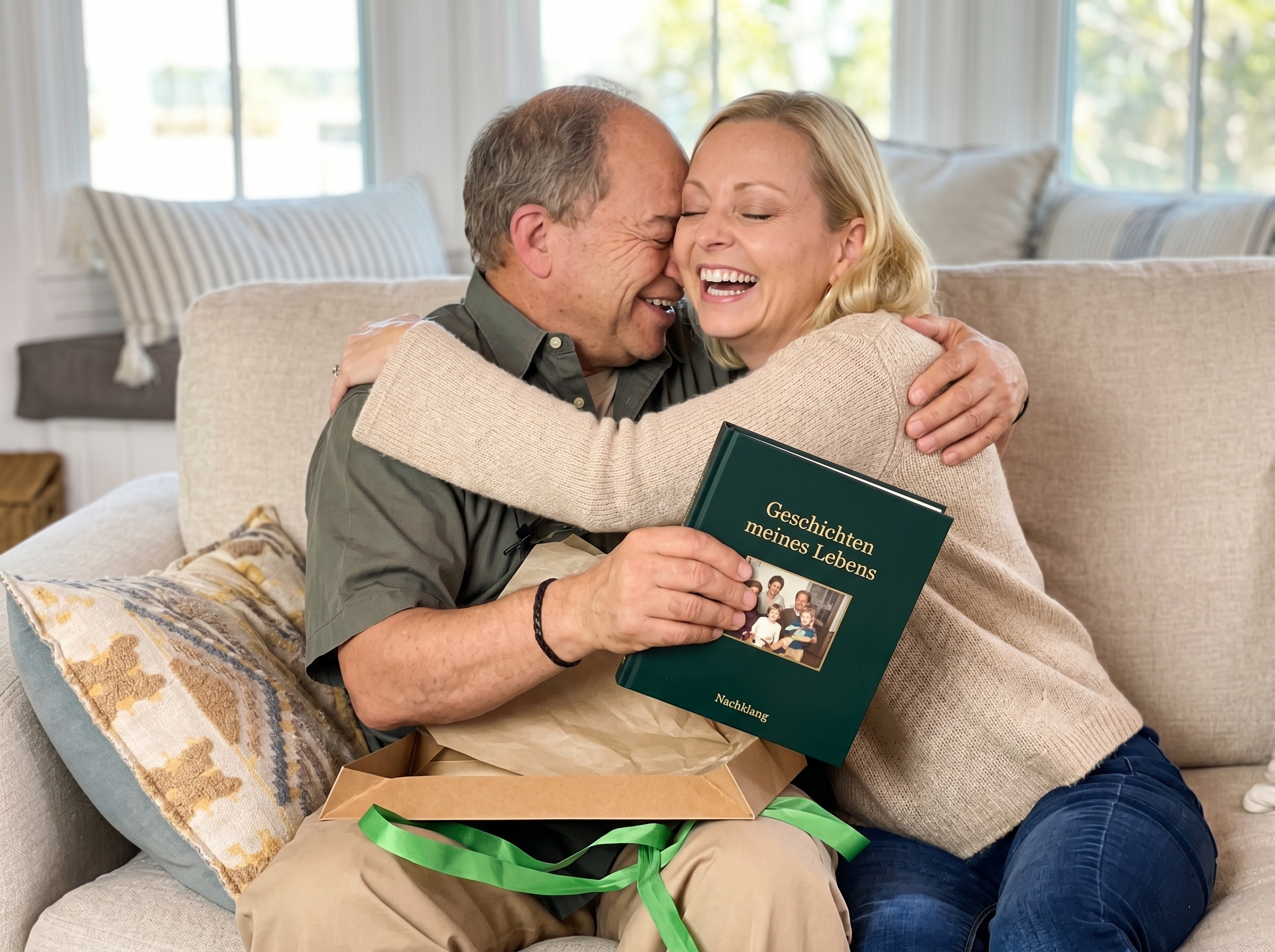 Geschenkmoment: Tochter umarmt ihren Vater, das Buch in der Hand