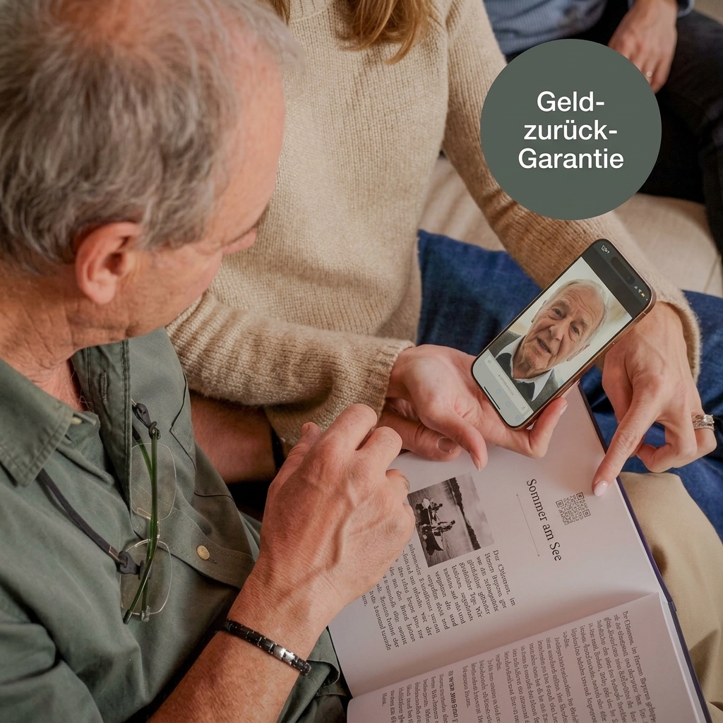 Familie schaut gemeinsam ins Buch und hört die Stimme dazu